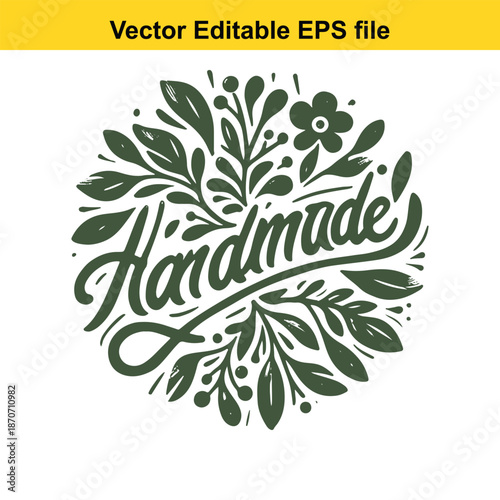  vector handmade logo with green leaves and flowers on white background