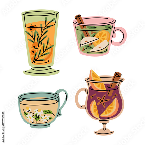 set of winter drinks with a flat outline, including mulled wine, sea buckthorn, pear, and herbal tea with spices. colorful collection for cafe menus, festive greeting cards, or seasonal graphic
