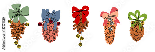 Set of colorful flat contour Christmas decorations with pine cones, bright bows, and small bells. Holiday collection for festive greeting cards, scrapbooking, or seasonal graphic design materials