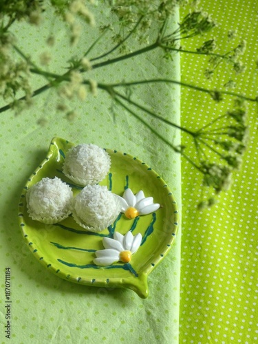 coconut balls in green milieu