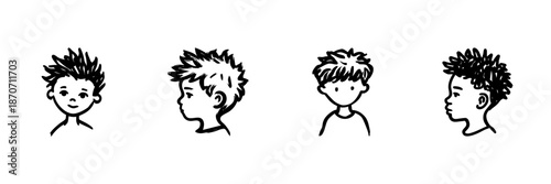 Boys' Hairstyles In Hand Drawn Style Set. Diverse Haircuts, Youthful Fashion, Trendy Kids' Hair Doodle Sketch Collection. Playful And Stylish. Isolated Vector Illustration