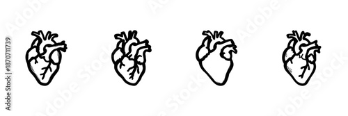 Anatomical Heart Icons In Hand Drawn Style Set. Cardiovascular Health, Medical Illustration, Human Anatomy Doodle Sketch Collection. Educational, Healthcare Design. Isolated Vector Illustration