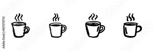 Steaming Coffee Mugs In Hand Drawn Style Set. Warm Beverage, Relaxation, Morning Routine Doodle Sketch Collection. Cozy Drink Illustration. Isolated Vector Illustration