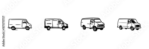 Delivery Vans In Hand Drawn Style Set. Transportation, Logistics, Cargo Shipping Doodle Sketch Collection. Commercial Vehicle Illustration. Isolated Vector Illustration