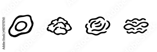 Fried Egg, Mashed Potatoes, Cabbage, And Bacon Icons In Hand Drawn Style Set. Breakfast Ingredients, Culinary Elements, Food Preparation Doodle Sketch Collection. Isolated Vector Illustration