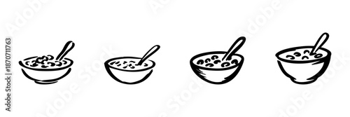 Bowls Of Cereal With Spoons In Hand Drawn Style Set. Breakfast, Nutrition, Healthy Eating Doodle Sketch Collection. Morning Meal Illustration. Isolated Vector Illustration