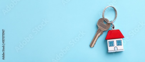 The house key and keychain on a pastel blue background symbolizing homeownership