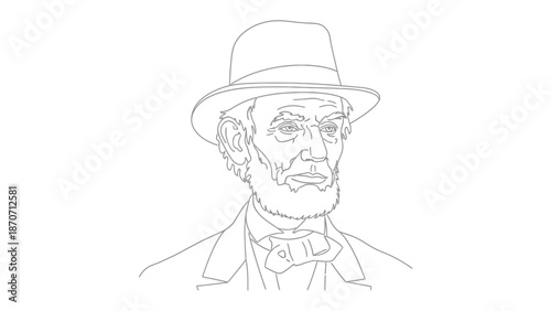 Detailed line drawing of Abraham Lincoln wearing a hat and bow tie.