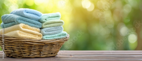 The Towels in a Wicker Basket on a Wooden Table with Sunlit Bokeh Background
