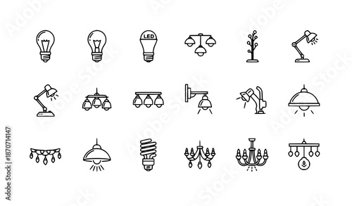 Lightbulbs and lamps thin line icon set with editable stroke for web and mobile apps