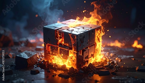 Burning Cube - A Fiery Digital Catastrophe Unfolding.