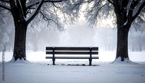 Serene Winter Scene - A Bench Between Snow-Covered Trees.