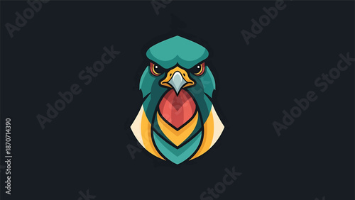 Vibrant illustration of a stylized bird head with intricate details and bold colors.