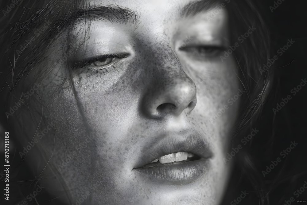 Fototapeta premium beautiful totpless woman with closed eyes on black background monochrome