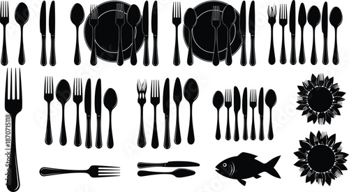 Cutlery silhouette set with forks, spoons, knives, and plates, kitchen utensil collection for restaurant menu, dining table setting, cooking equipment vector illustration, culinary icons,