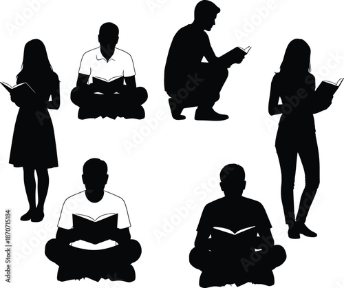 Black silhouette of people reading books in various poses, group of students and readers studying together, isolated flat vector illustration, literacy concept