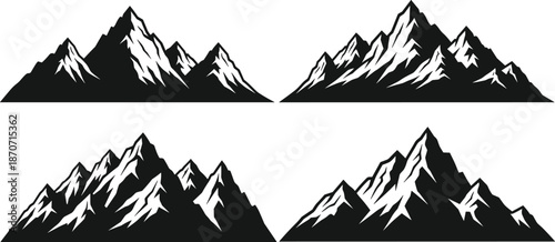 Mountain peak silhouette set, snow capped mountain range vector illustration, rocky highland landscape icons, nature adventure travel design elements, majestic hills collection