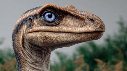 Velociraptor portrait showcasing intricate details and vibrant blue eye, captured in ultra-photorealistic style with softbox studio lighting, emphasizing textures and features in a minimalistic settin