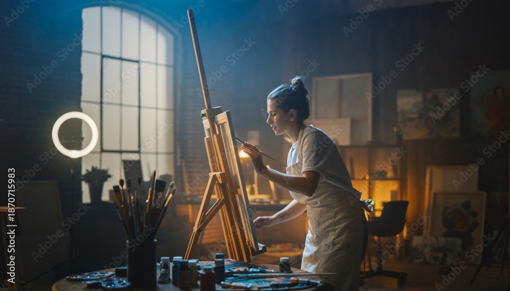 Obraz premium Talented female artist in an apron paints on a canvas at a wooden easel in her atmospheric, dimly lit loft studio with moody, cinematic lighting