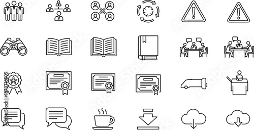 Business and Education Vector Icon Set Featuring Teamwork, Leadership, Corporate Training, Books, Certificates, Communication, Meeting, Learning, Strategy, Cloud Computing, and Professional Success