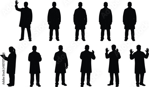 Diverse set of medical doctor silhouettes, healthcare professionals in lab coats, standing, waving, writing on clipboard, isolated on white background