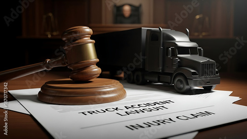 Wooden legal gavel mallet resting beside miniature semi truck trailer model representing heavy vehicle accident litigation, personal injury lawsuit, judicial liability claim and compensation.
