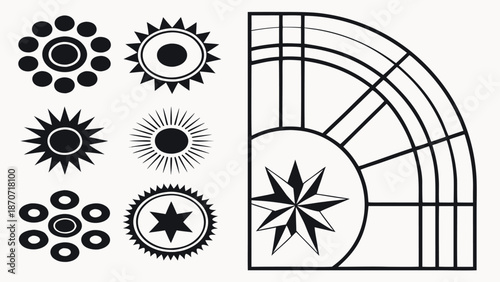 Collection of Geometric Sunbursts, Celestial Stars, and Architectural Compass Motifs