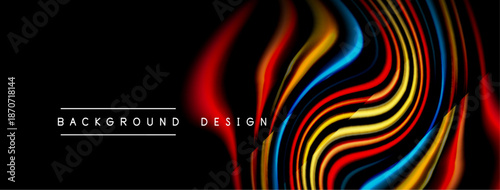 Abstract colorful lines flow, creating dynamic background design. Vivid reds, yellows, blues contrast against black space. Modern aesthetic.