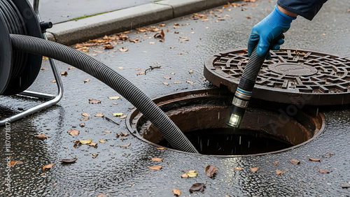 Professional industrial flexible inspection camera probe feeding into a municipal street manhole for drain cleaning maintenance and underground pipeline diagnostic assessment service.