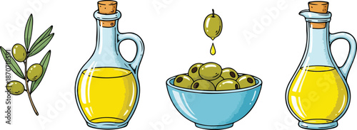 Vibrant illustration of fresh green olives on a branch, a bowl of olives with one dripping oil, and two elegant glass bottles filled with golden olive oil, perfect for culinary and health-related