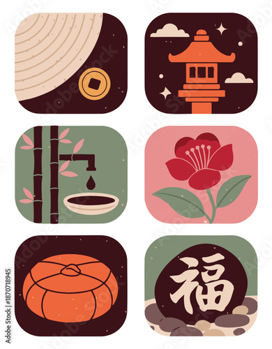 Zen garden icon set with bamboo fountain, stone lantern, and traditional lucky stone.