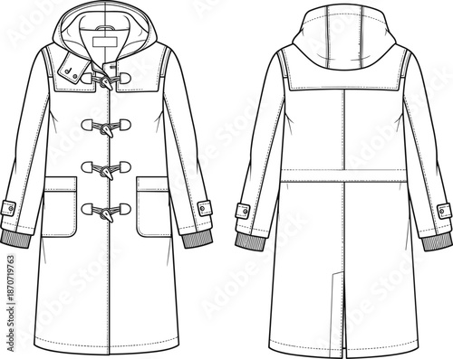 Women's hooded duffle coat with toggle closure and patch pockets front and back view technical CAD drawing flat vector illustration