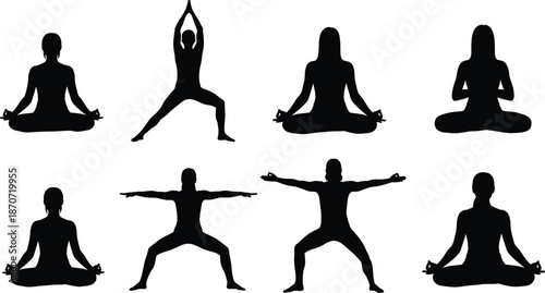 Yoga pose silhouette set, female figures in meditation, warrior, and lotus positions for wellness, mindfulness, fitness, and spiritual mental health exercise graphics,