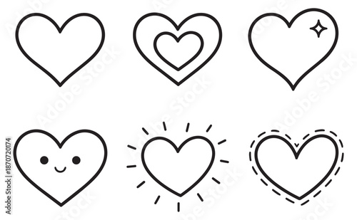 Hand drawn line art heart set featuring various doodle styles for love and celebration designs