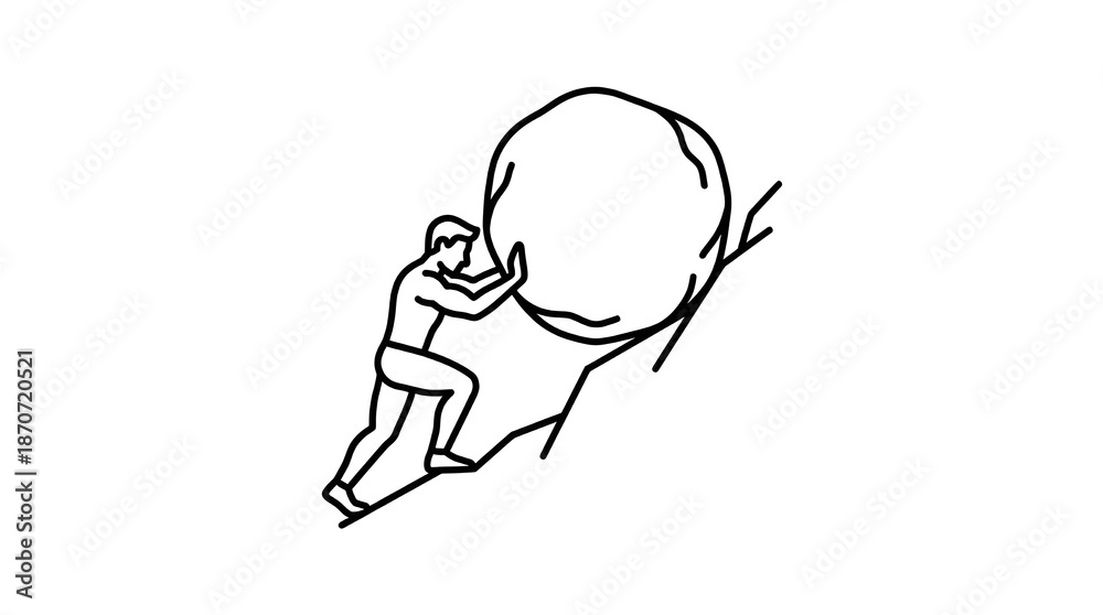 Obraz premium Man Pushing Boulder Uphill Perseverance Icon Pure White Background