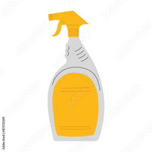 Gray bottle with yellow label and yellow spray nozzle. Window cleaner. Flat-style illustration with glass cleaner products