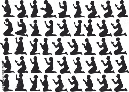 Silhouette set of people kneeling and praying in various poses for religion, spirituality, meditation, worship, faith, and peaceful mindfulness illustration.