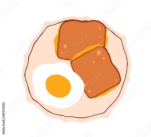 Simple breakfast meal. Fried egg and toasts with cheese and bread. Classic tr...