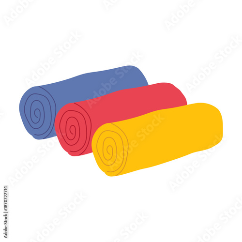 Towels or napkins rolled up in row. Three cleaning cloths of different colors. Flat vector illustration.