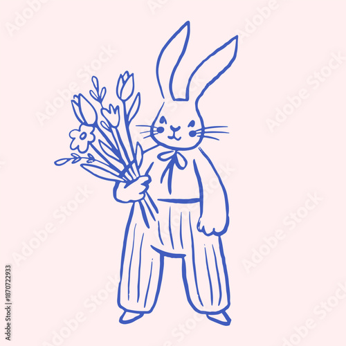 Cute hand-drawn Easter bunny holding spring flowers. Minimal blue line art in a naive folk art style. 