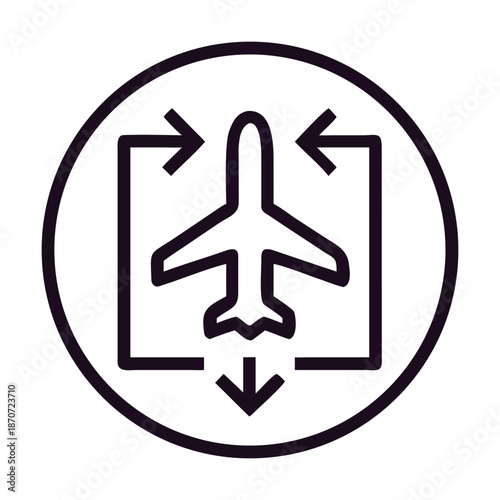 Line icon of an airplane with directional arrows, symbolizing flight, travel, arrival, departure, or air traffic control, ideal for aviation and logistics designs