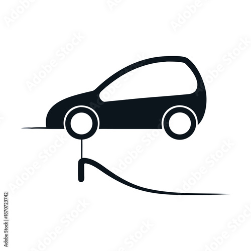 Simple black and white icon representing car service, maintenance, or repair, showing a vehicle elevated on a lift or ramp, suitable for automotive industry graphics