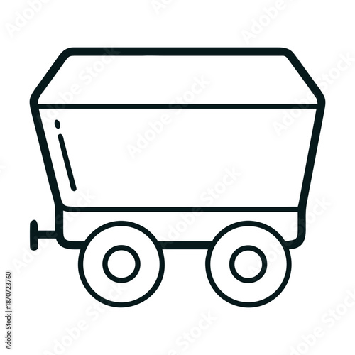 Simple line art icon of a mine cart or wagon, a classic symbol of mining operations and industrial transport, used for carrying coal or ore