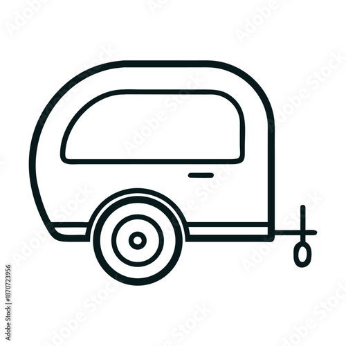 A minimalist line art illustration of a small, compact camper trailer, symbolizing travel, adventure, and outdoor recreation with a simple, iconic design