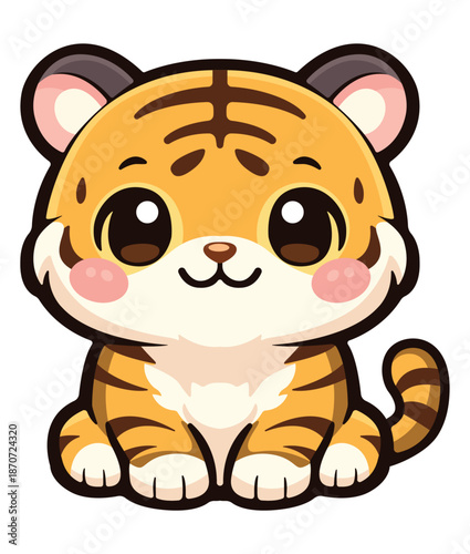 Whimsical Tiger Cub: An adorable tiger cub with striking orange and black stripes, big expressive eyes, exuding an air of playful innocence and gentle charm.