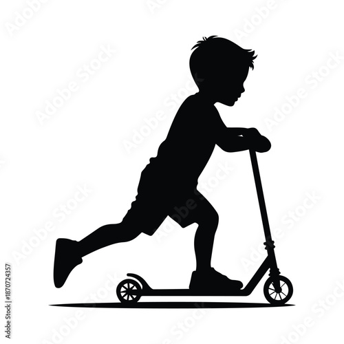 A young boy riding a scooter a dark silhouette on transparent background