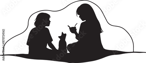 Silhouette of mother and child with cat sitting together