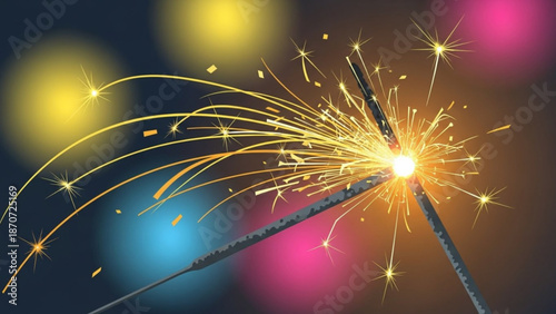 Three lit sparklers emitting vibrant yellow sparks against a colorful background of pink blue and yellow lights
