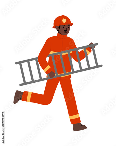 Black firefighter running with ladder to rescue victims of fire. Rescuer in specialized red suit and in helmet at work.