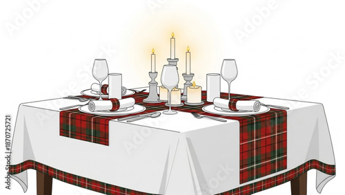 A beautifully set table with white tablecloth and red plaid runner for a festive holiday dinner party with candles and wine glasses
